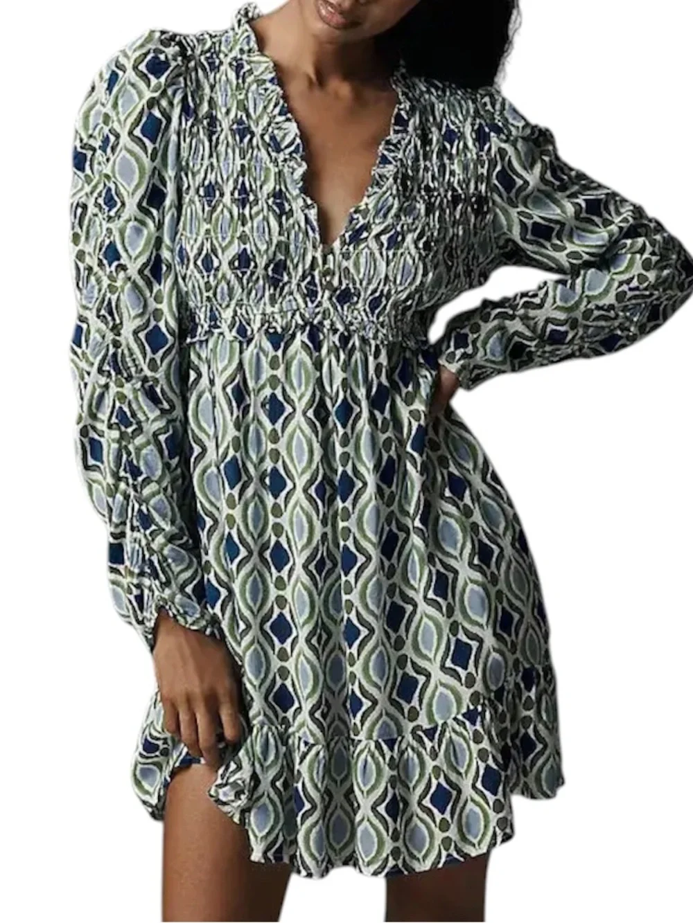 Long-Sleeve V-Neck Ruffle Mini Dress by Anthropologie in Blue, Size: XS Long-Sleeve V-Neck Ruffle Mini Dress by Anthropologie in Blue, Size: XS
